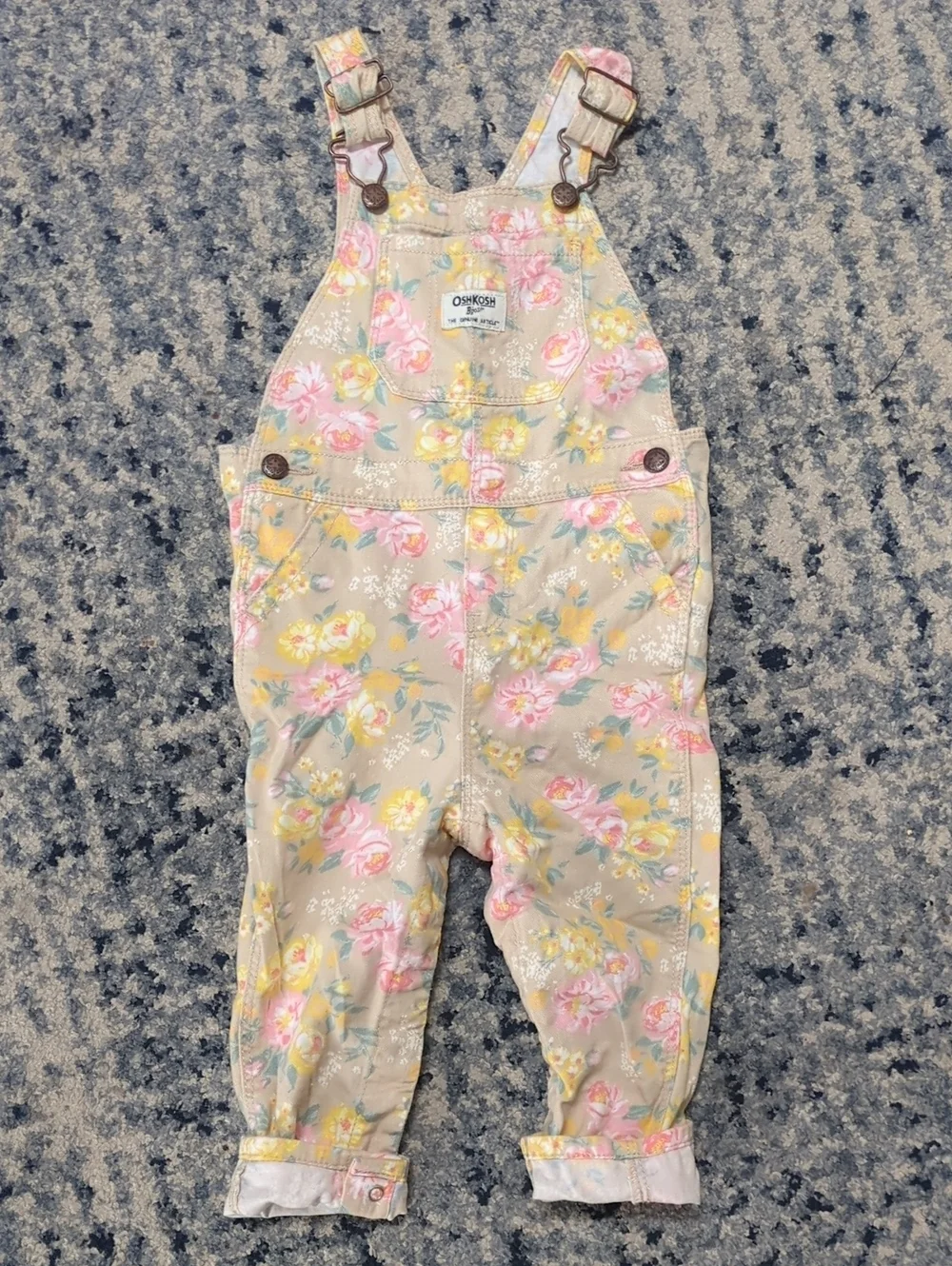 OshKosh B'gosh Tan Floral Girls' Overalls with Pink & Yellow Blossoms